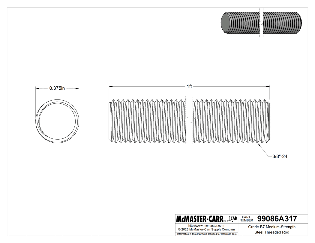 Technical Drawing of Grade B7 Medium-Strength Steel Threaded Rod, Zinc Yellow-Chromate Plated, 3/8"-24 Thread Size, 1 Foot Long.